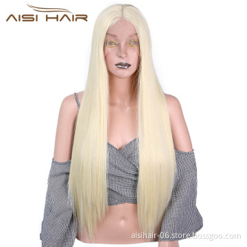 Aisi Hair Long Silky Straight Blonde Wig Heat Synthetic Resistant Fiber Lace Front Wig Middle Part Lace Frontal Wigs For Women
